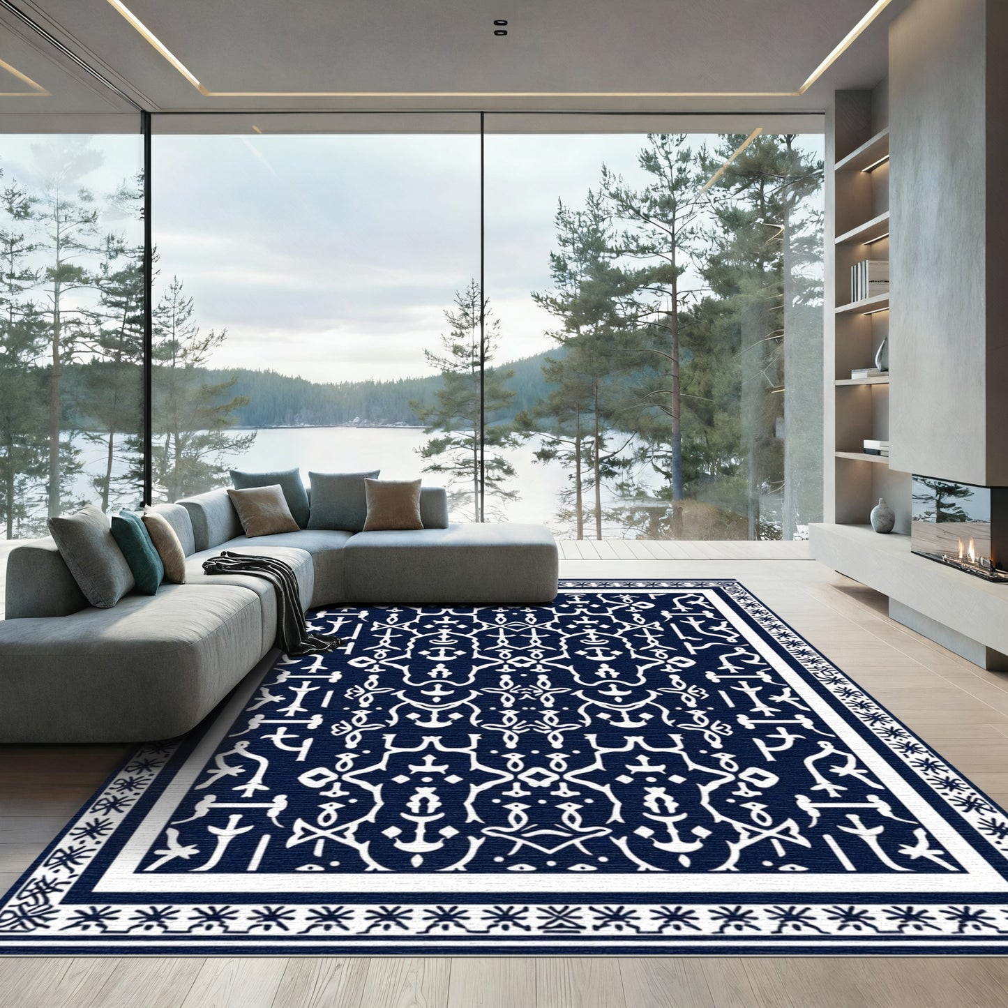 Navy Blue Ornate Scrollwork Medallion Rug