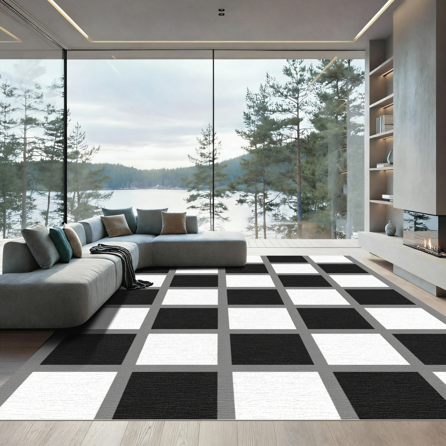 Classic Black White Grid Squares Rug