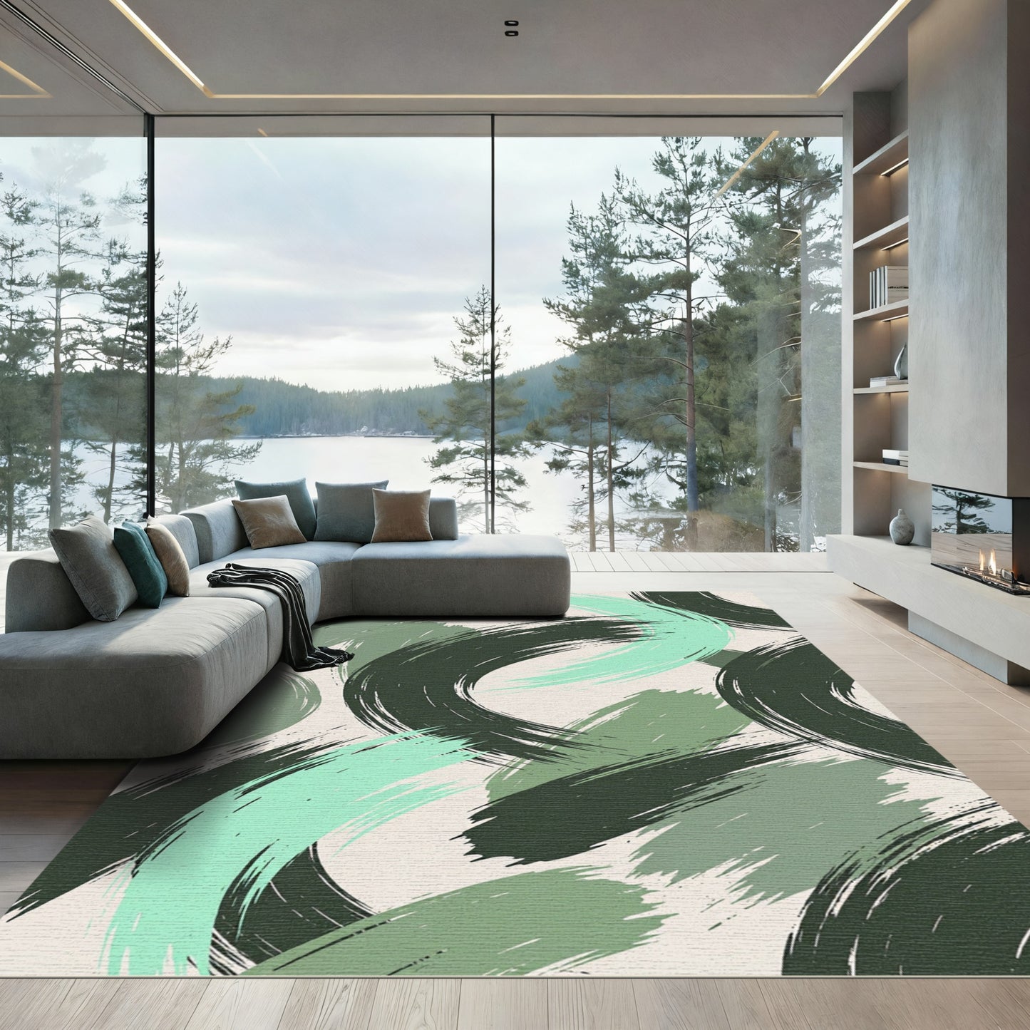 Green Sage Brushstroke Swirl Rug