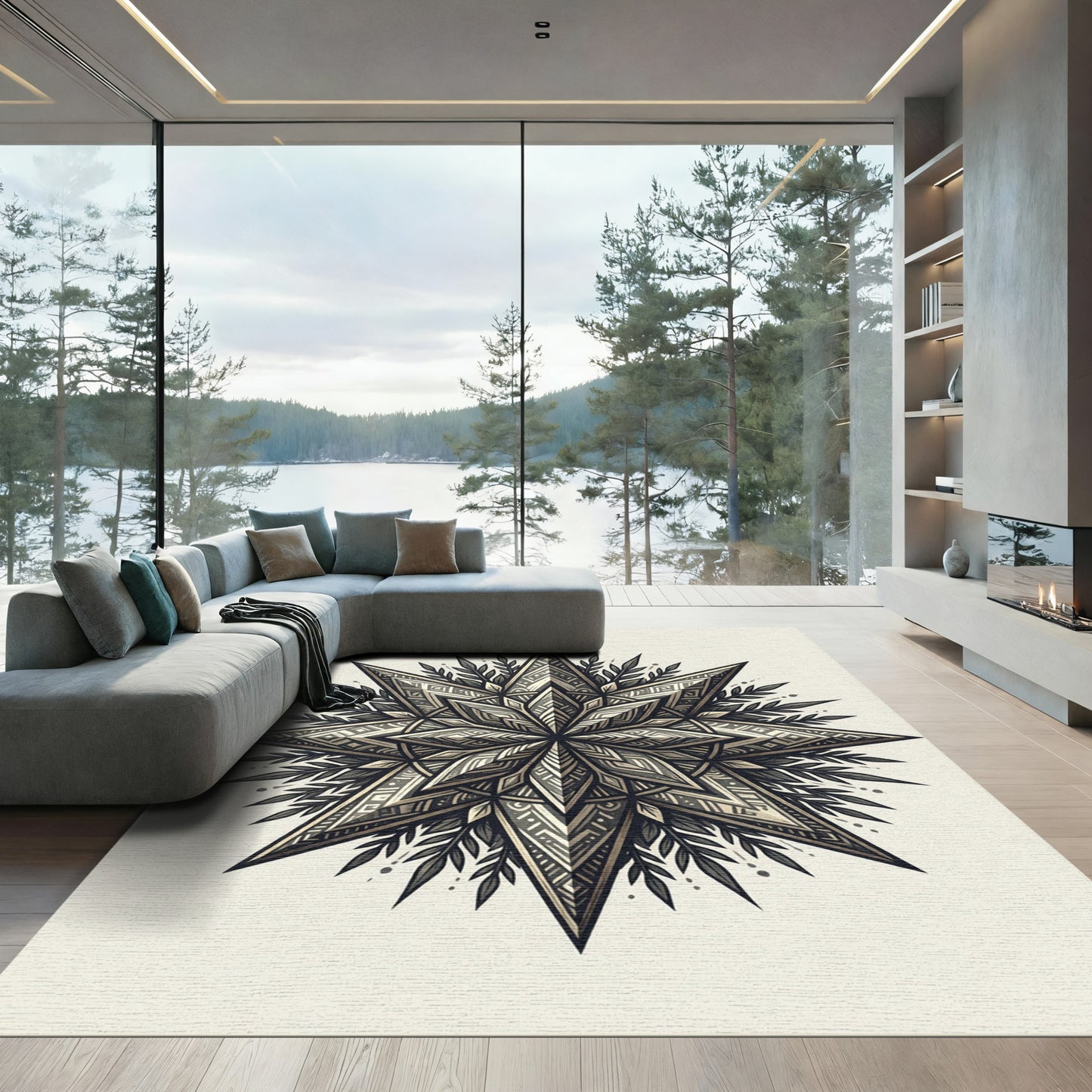 Intricate Starburst Mandala With Foliage Rug