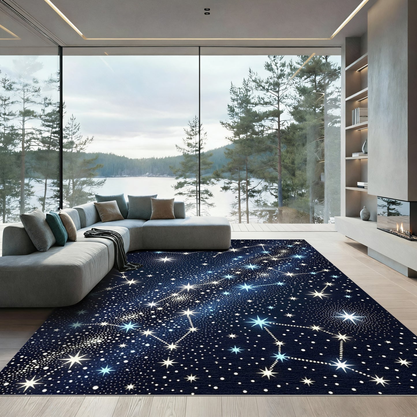 Celestial Navy Blue Starry Night Sky Rug