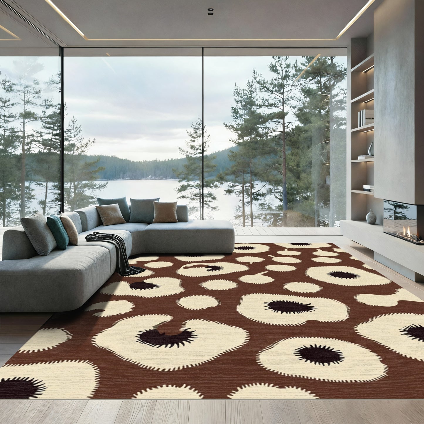 Brown and Cream Abstract Spot Rug