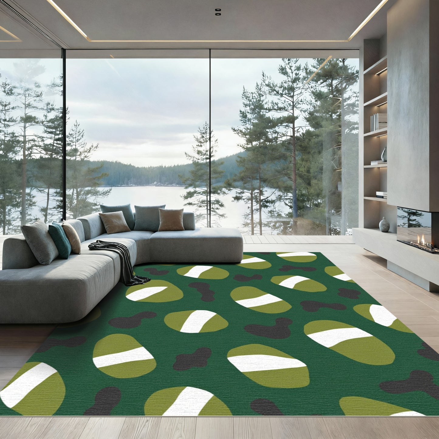 Leafy Green White Stripe Organic Shapes Rug