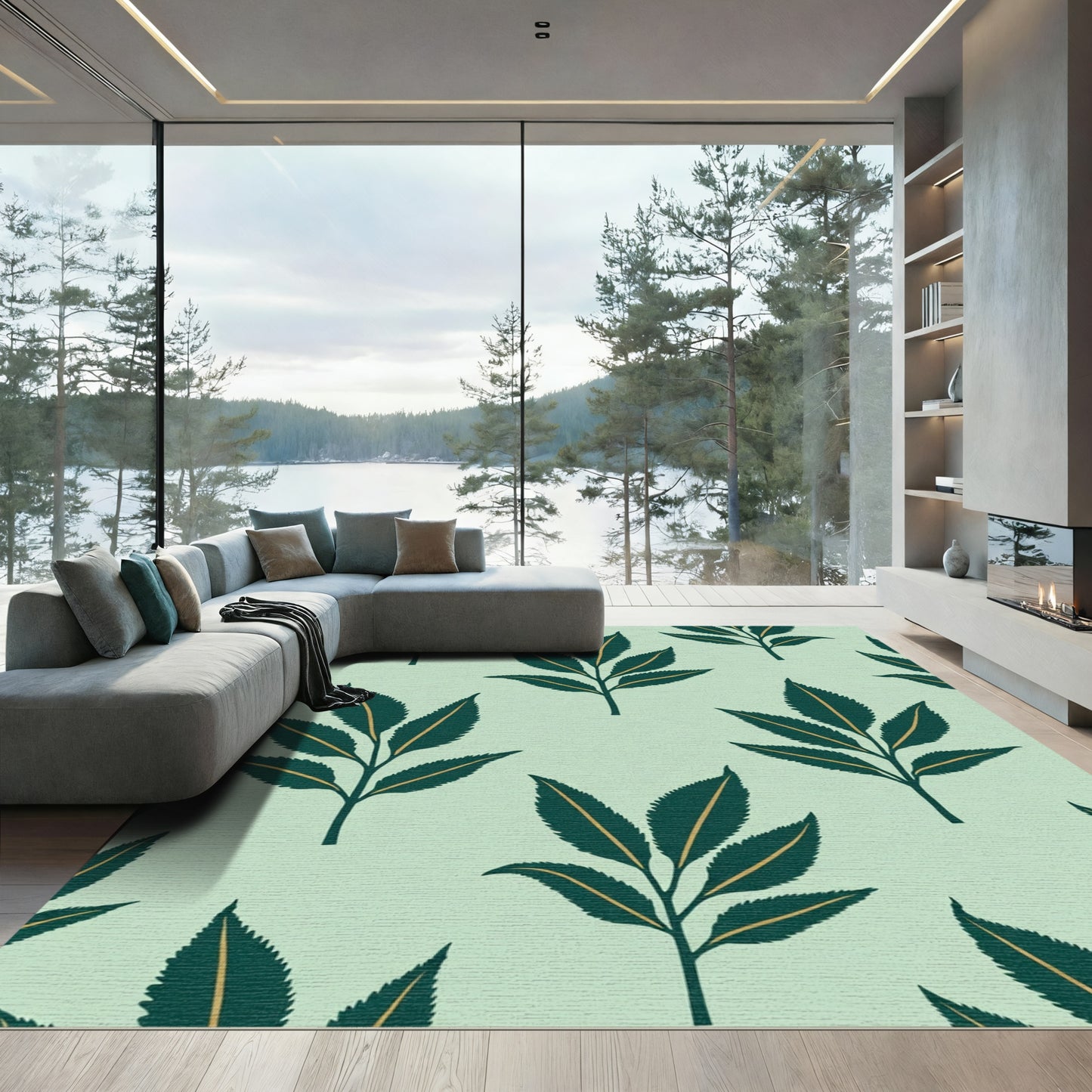 Teal Green Leaf Branches Mint Background Rug