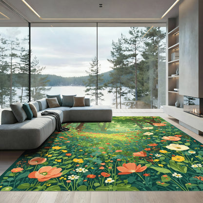 Enchanting floral meadow with lush trees Rug
