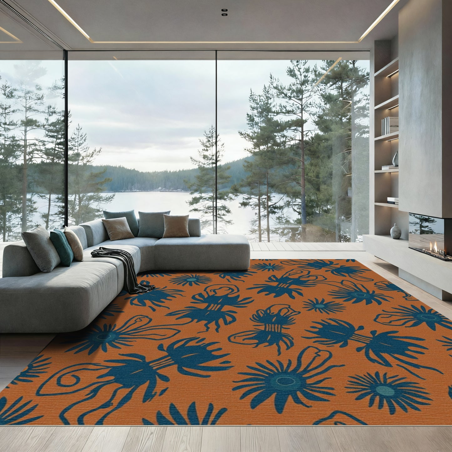 Deep Blue Abstract Floral Terracotta Rug