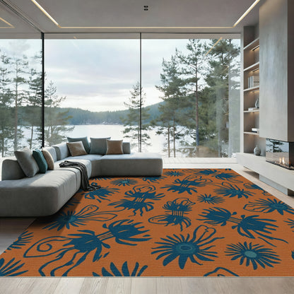 Deep Blue Abstract Floral Terracotta Rug