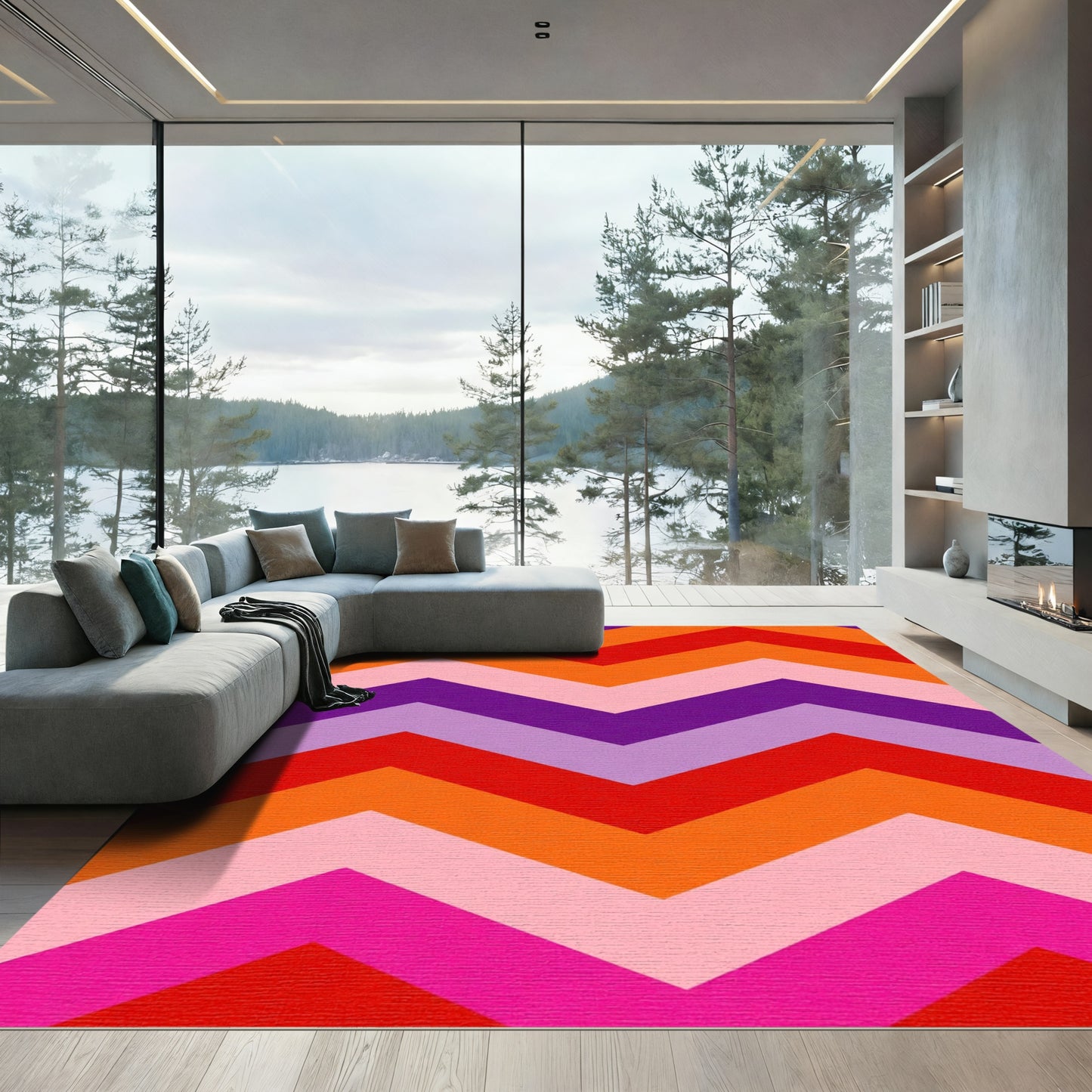 Retro Chevron Stripes Red Orange Purple Rug