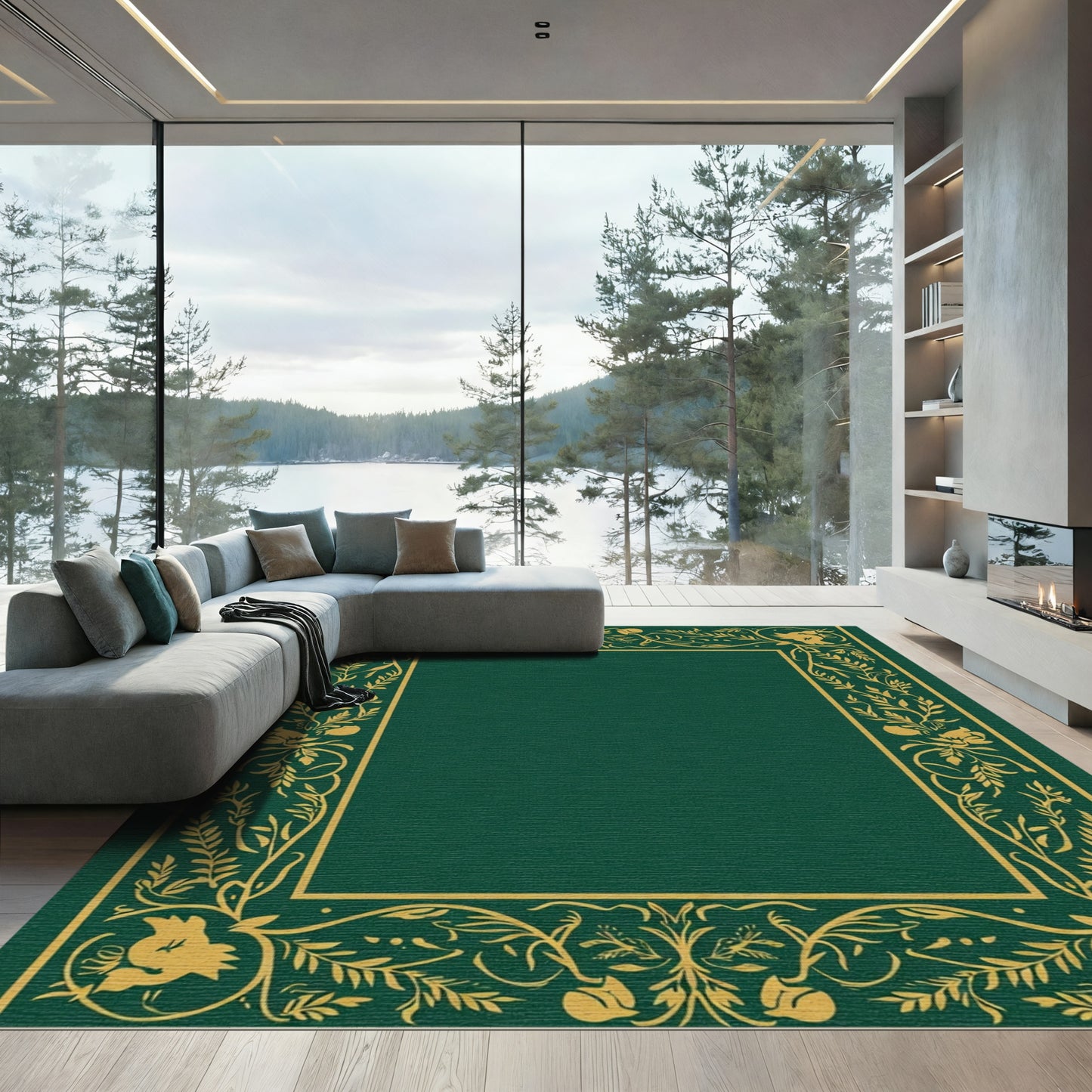 Gold Floral Border Deep Emerald Rectangle Rug