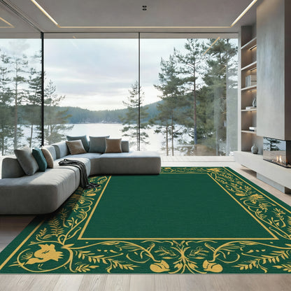 Gold Floral Border Deep Emerald Rectangle Rug