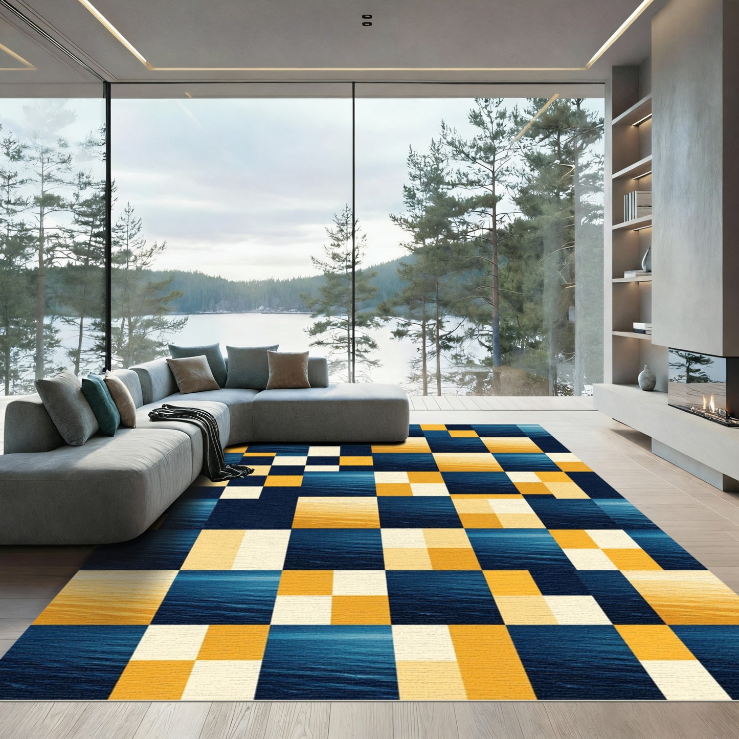 Ocean Sunset Geometric Grid Gold Blue Rug
