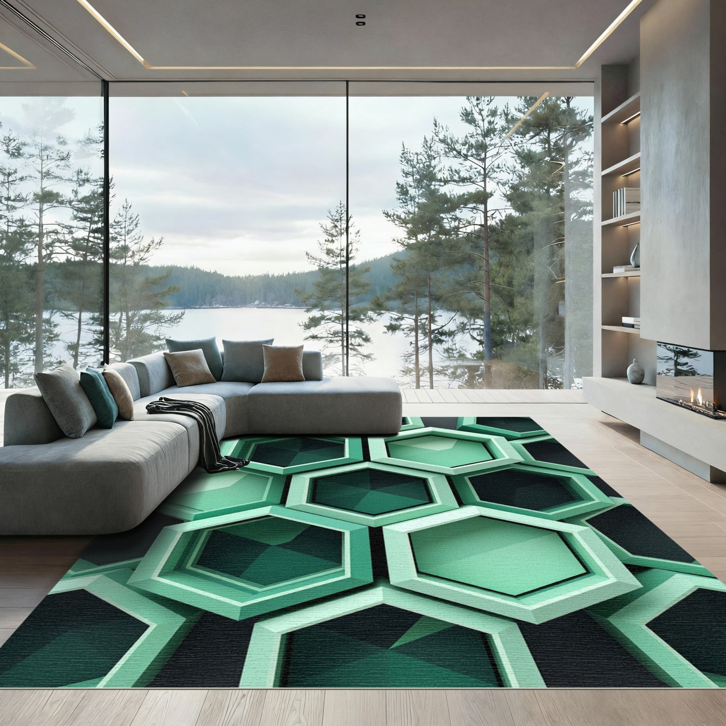 Modern Mint Geometric Hexagon Tile Rug