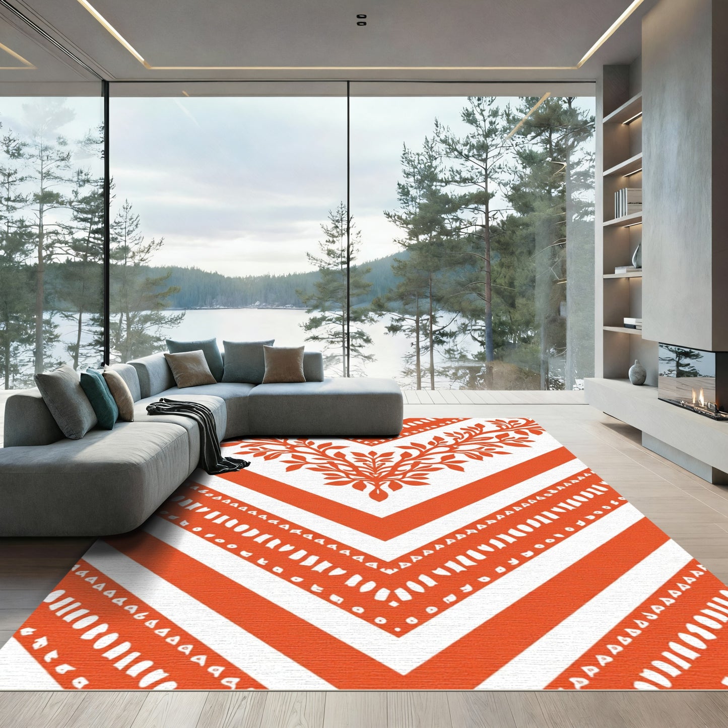 Orange White Branch Chevron Pattern Rug