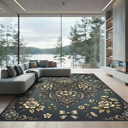 Elegant Slate Floral Bouquet Medallion Rug