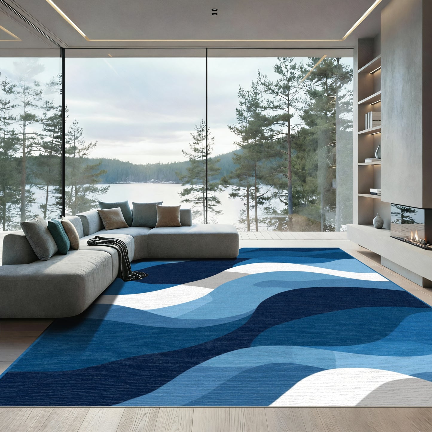 Deep Blue Wave Abstract Rug