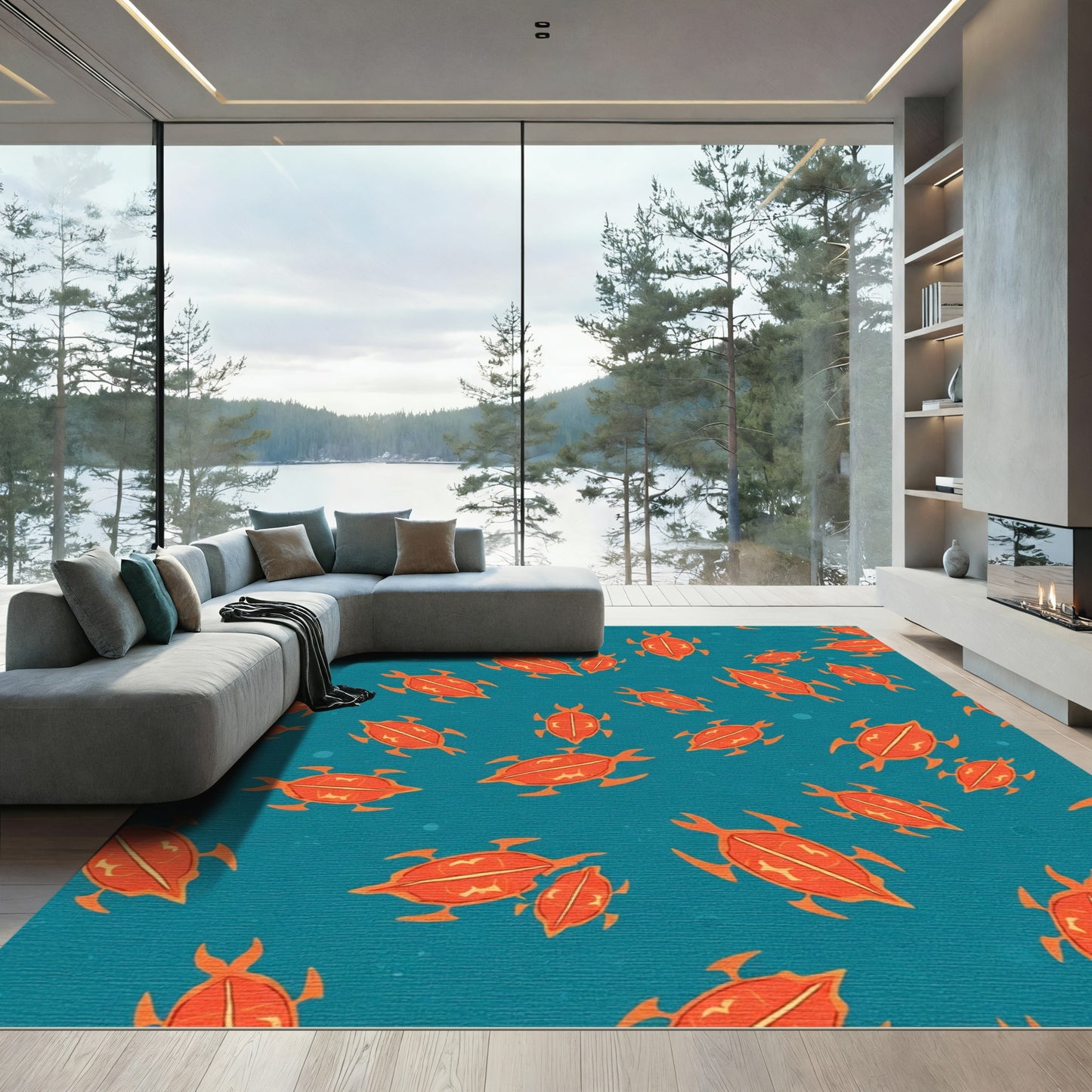 Orange Turtles On Teal Background Rug
