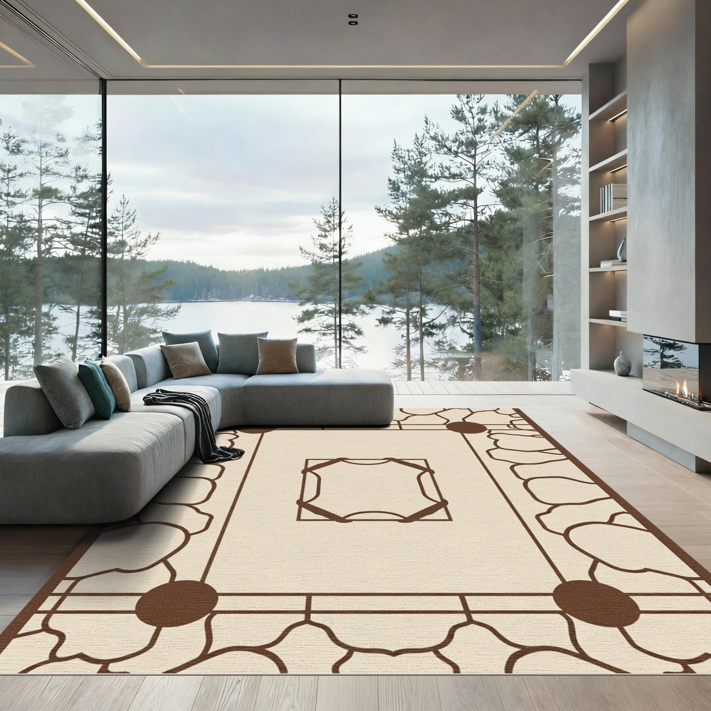 Brown Organic Border Geometric Center Rug