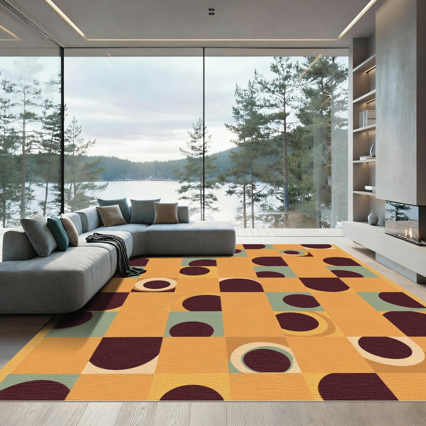 Golden Amber Abstract Geometric Circles Rug