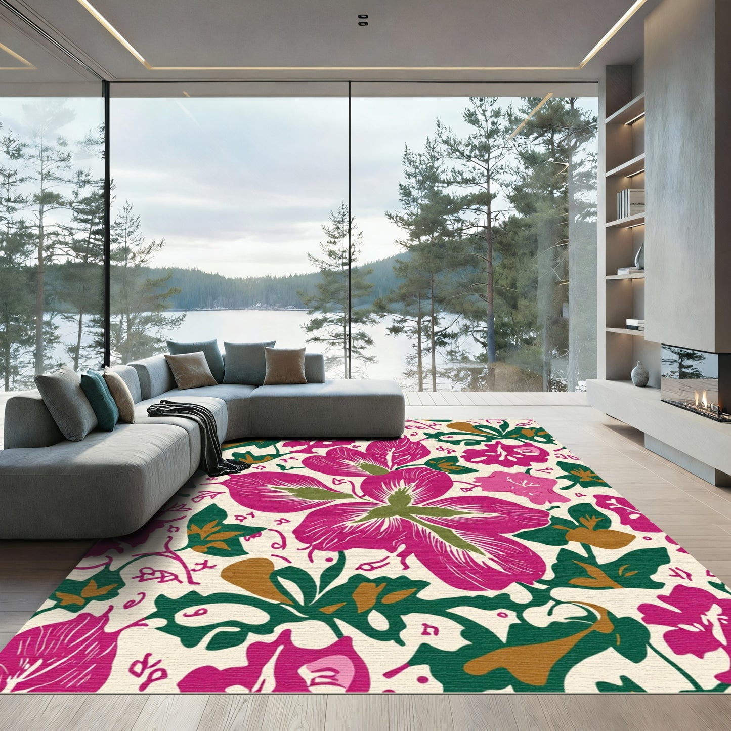Vibrant Magenta Floral Vine Overlay Rug