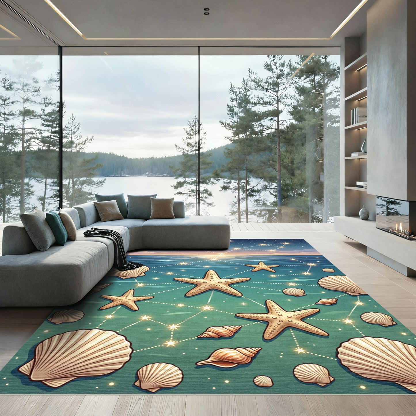 Coastal Starfish and Seashell Constellation Rug