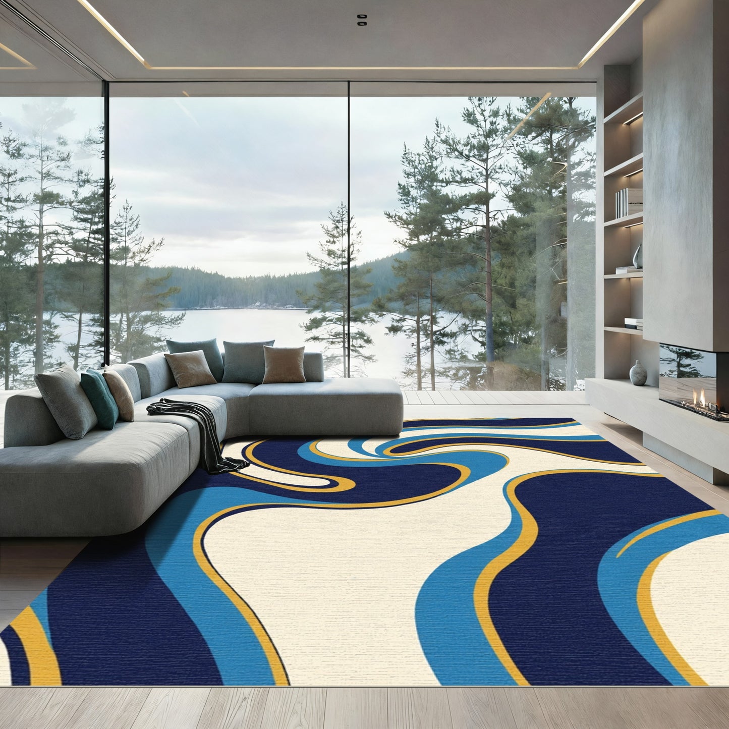 Retro Swirl Navy Blue Cream Gold Rug