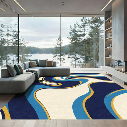 Retro Swirl Navy Blue Cream Gold Rug