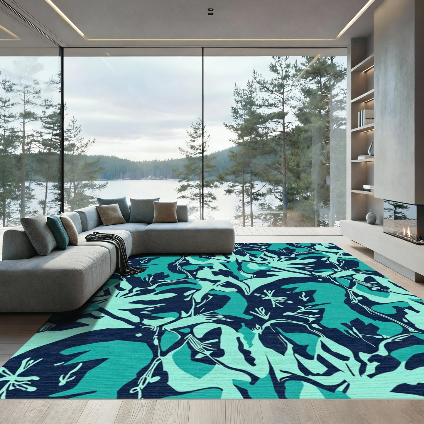 Aqua Blue Abstract Organic Shapes Rug