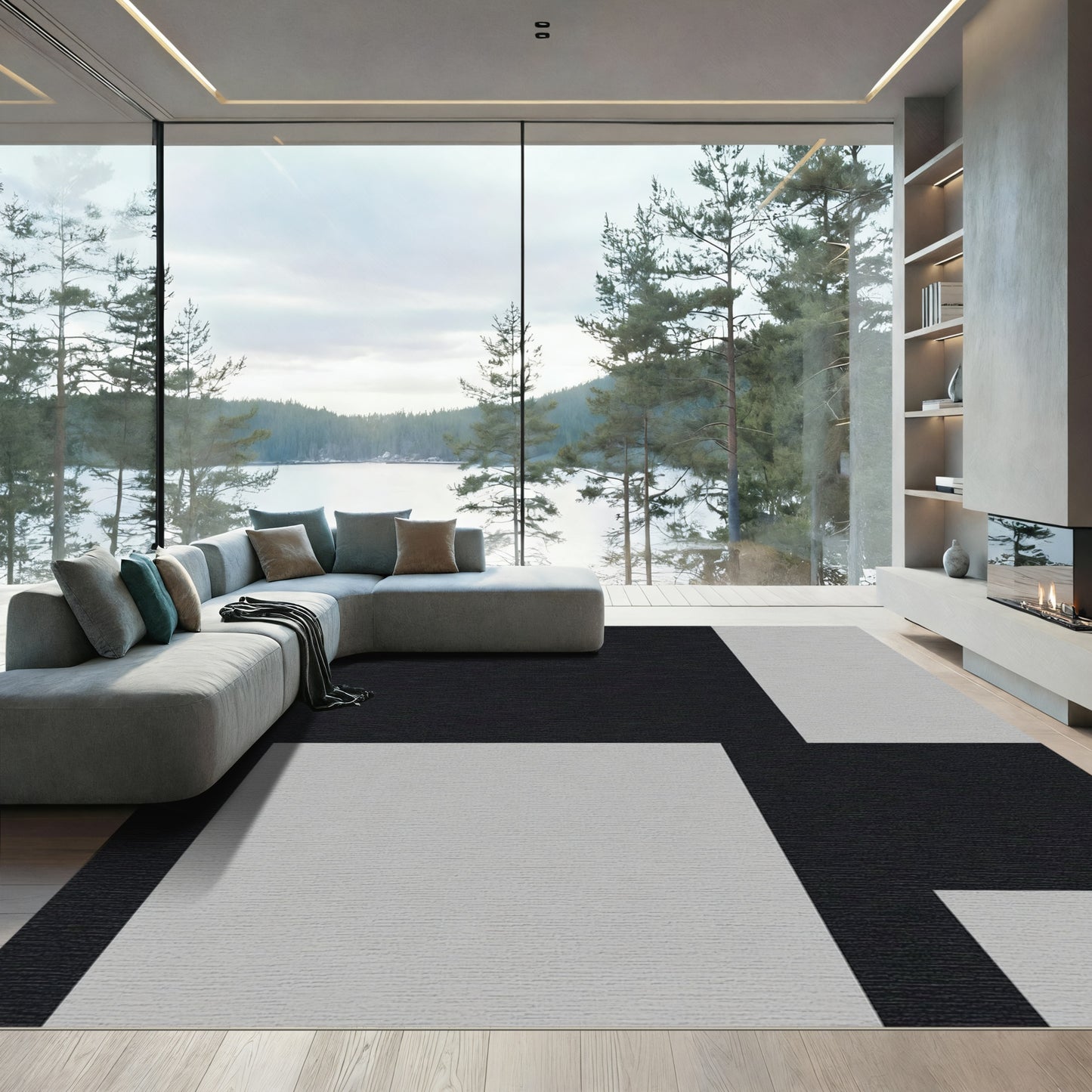 Contemporary Black Geometric Blocks Rug