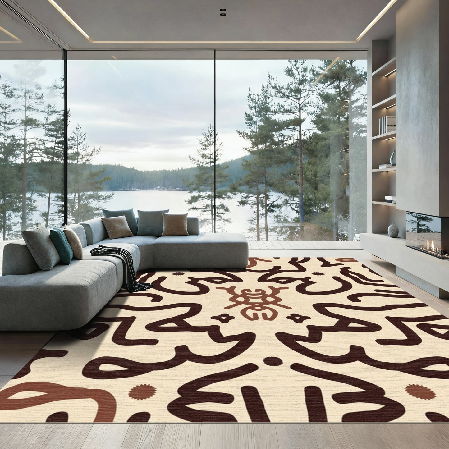 Earthy Brown Abstract Figure Repeating Rug