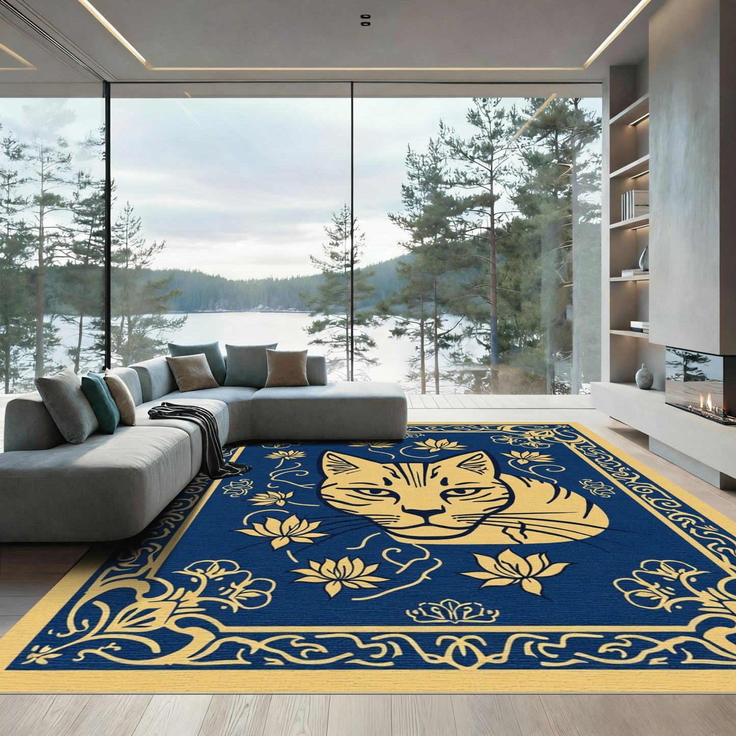 Golden Cat Blue Floral Border Rug