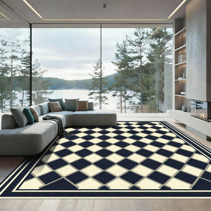 Classic Navy Diamond Check Border Rug