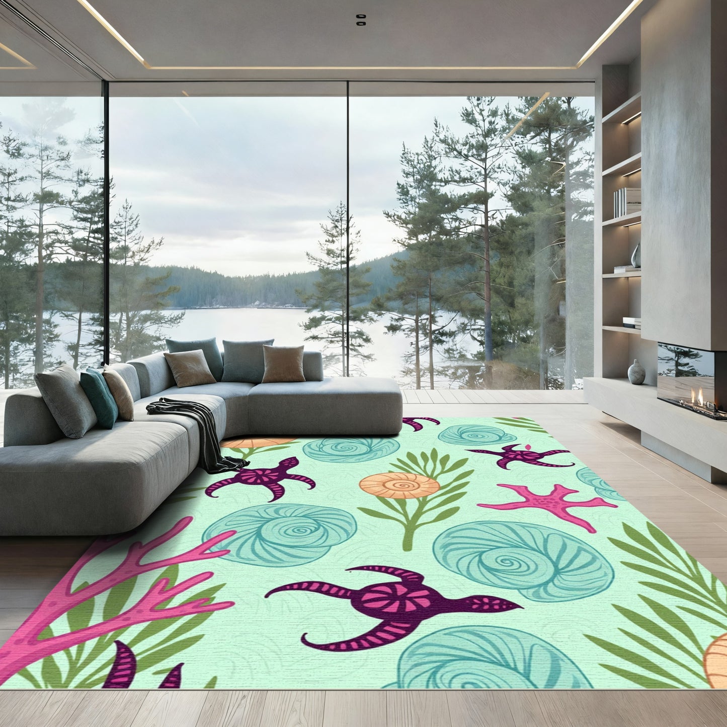 Sea Life Shells Starfish Coral Swirls Rug