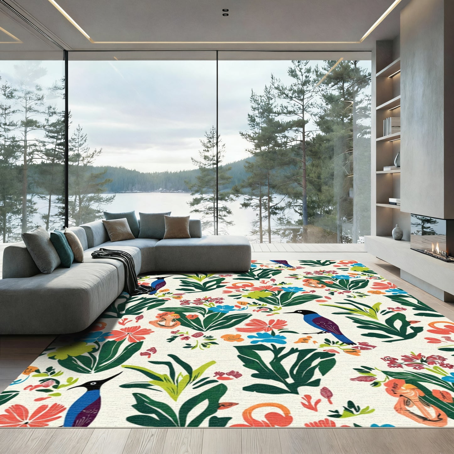 Vibrant Exotic Birds Floral Arrangement Rug