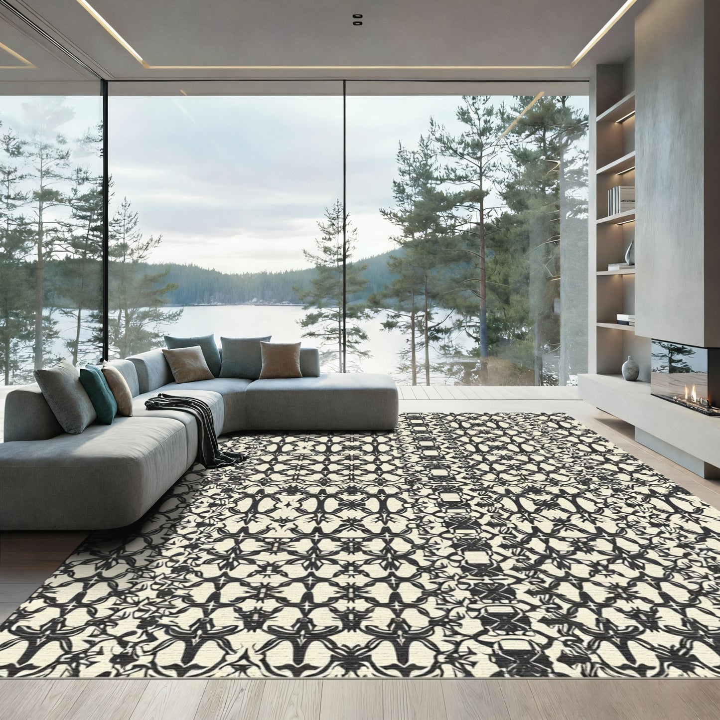 Black Cream Ornate Organic Damask Rug