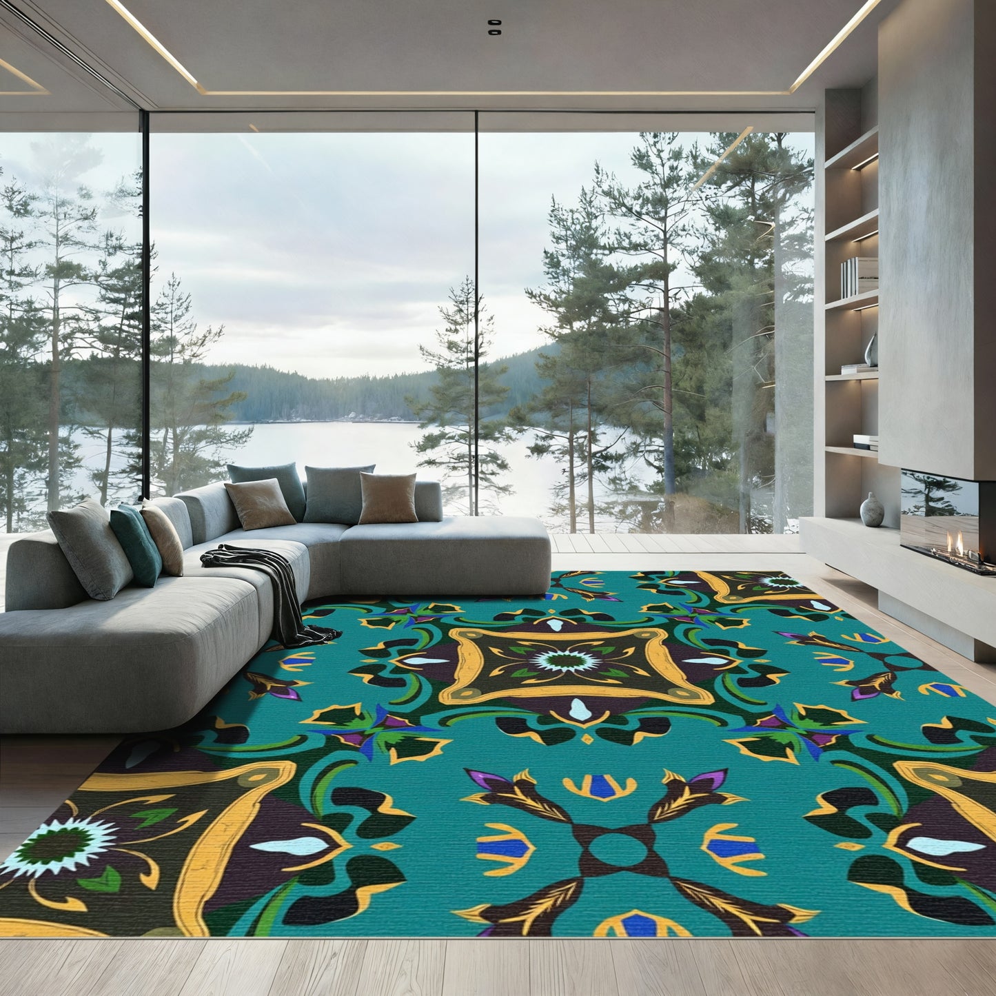 Teal Gold Crimson Floral Medallion Rug