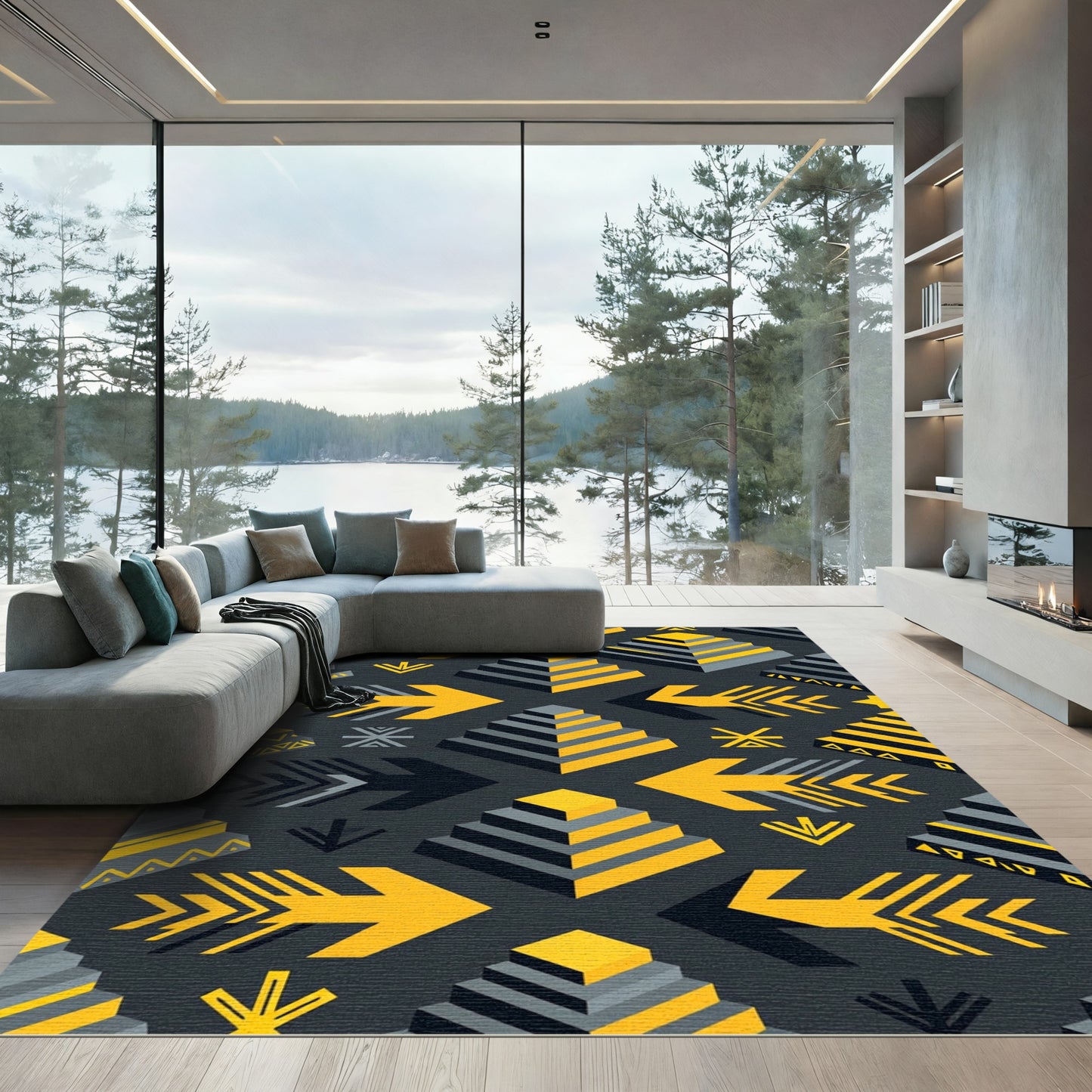 Geometric Yellow Pyramid Arrow Grid Rug