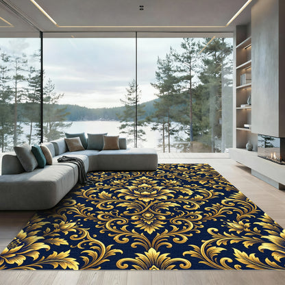 Golden Baroque Damask Navy Floral Rug