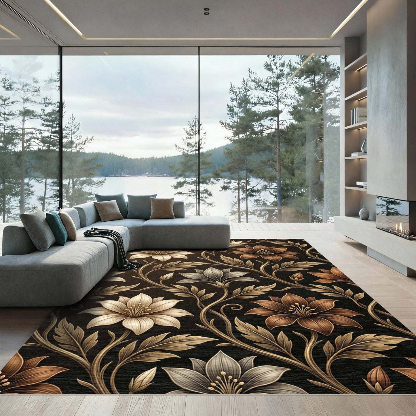 Antique Gold Floral Vine Arrangement Rug