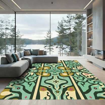 Muted Teal And Gold Abstract Forms Rug