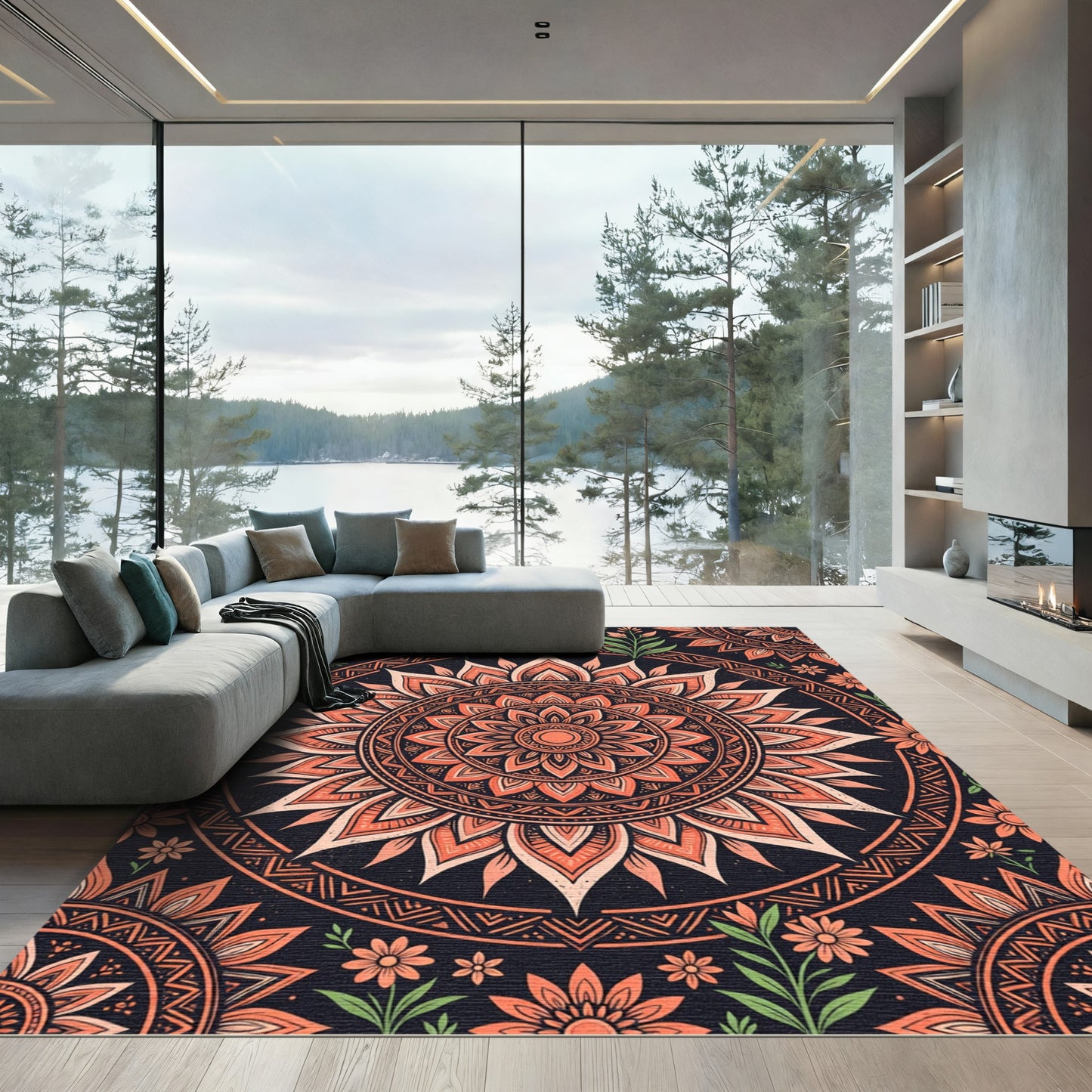 Coral Lotus Medallion Floral Mandala Rug