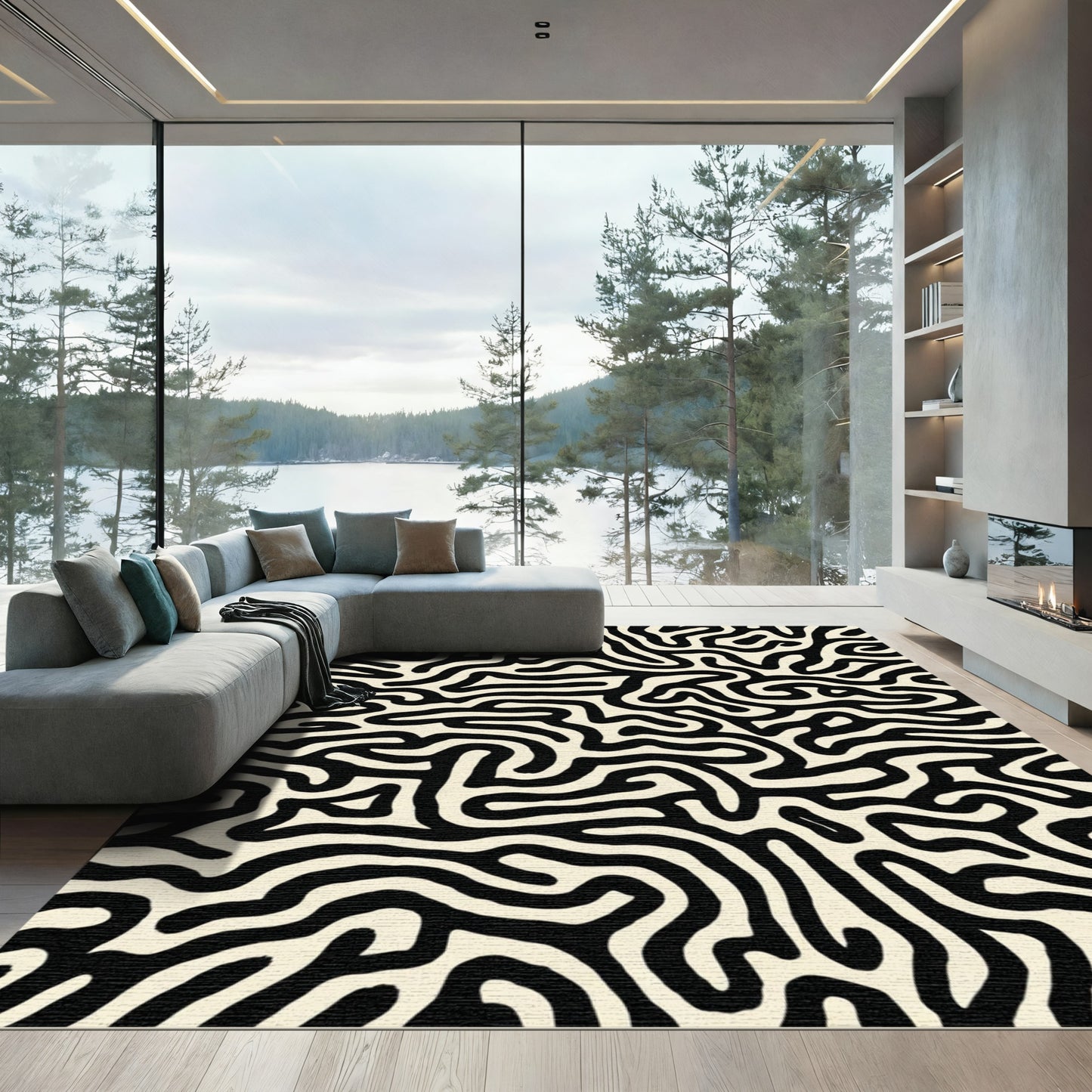 Black White Organic Labyrinth Rug