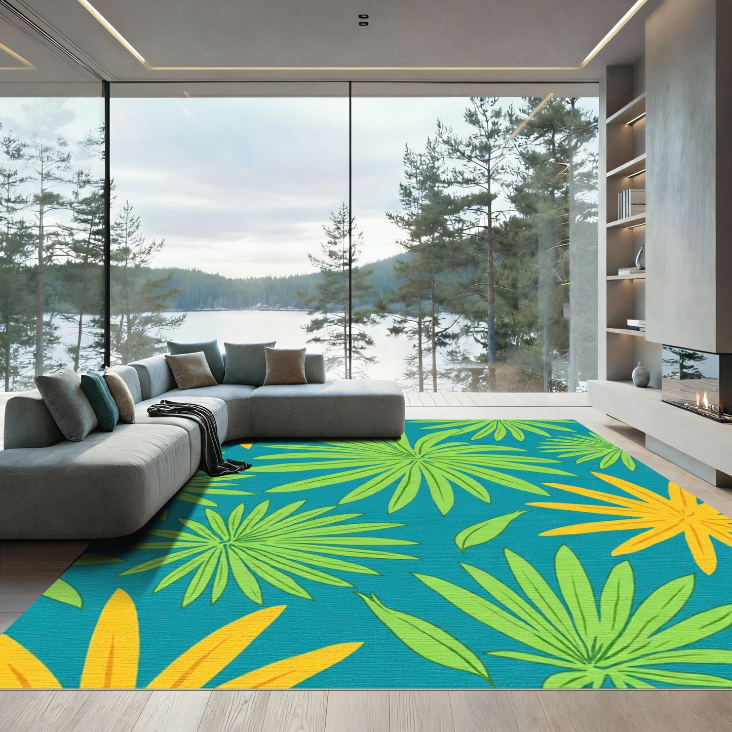 Tropical Green Leaf Yellow Bloom Rug