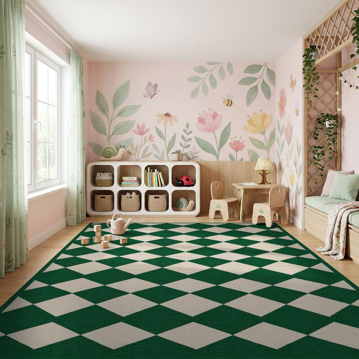 Emerald Green Ivory Harlequin Rug