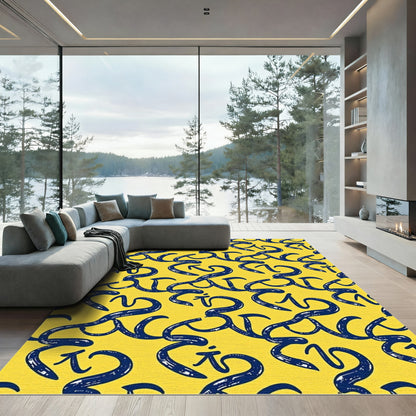 Navy Blue Curlicue Yellow Calligraphy Rug