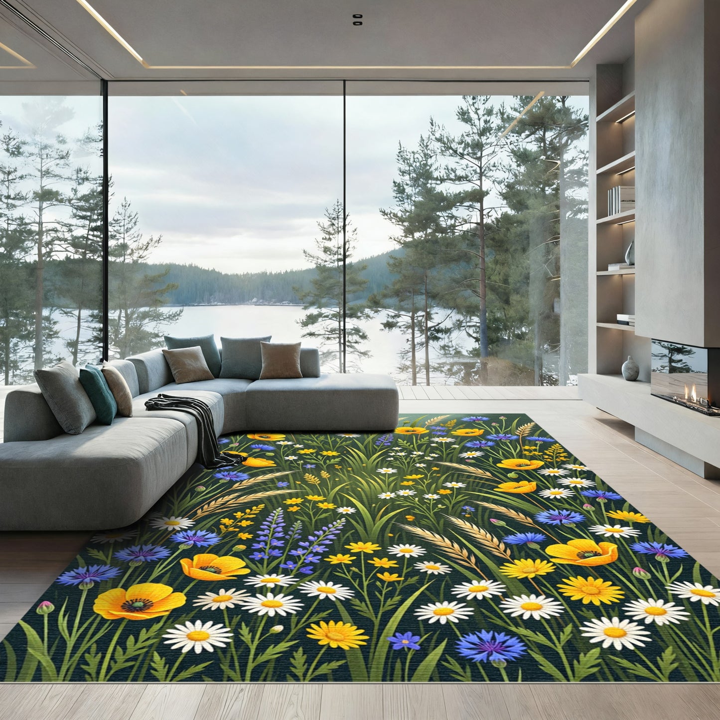 Vibrant Wildflower Meadow Botanical Illustration Rug