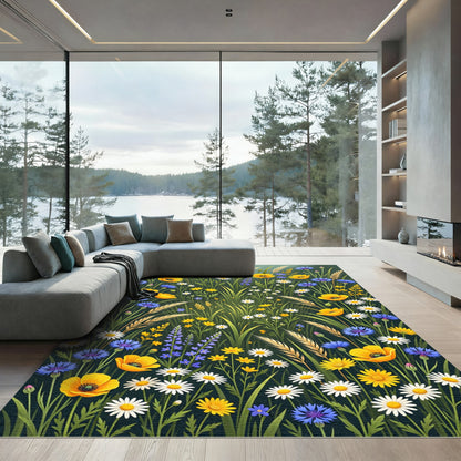 Vibrant Wildflower Meadow Botanical Illustration Rug