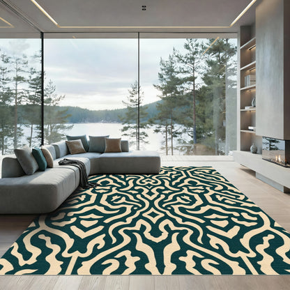 Dark Teal Cream Ornate Scroll Medallion Rug