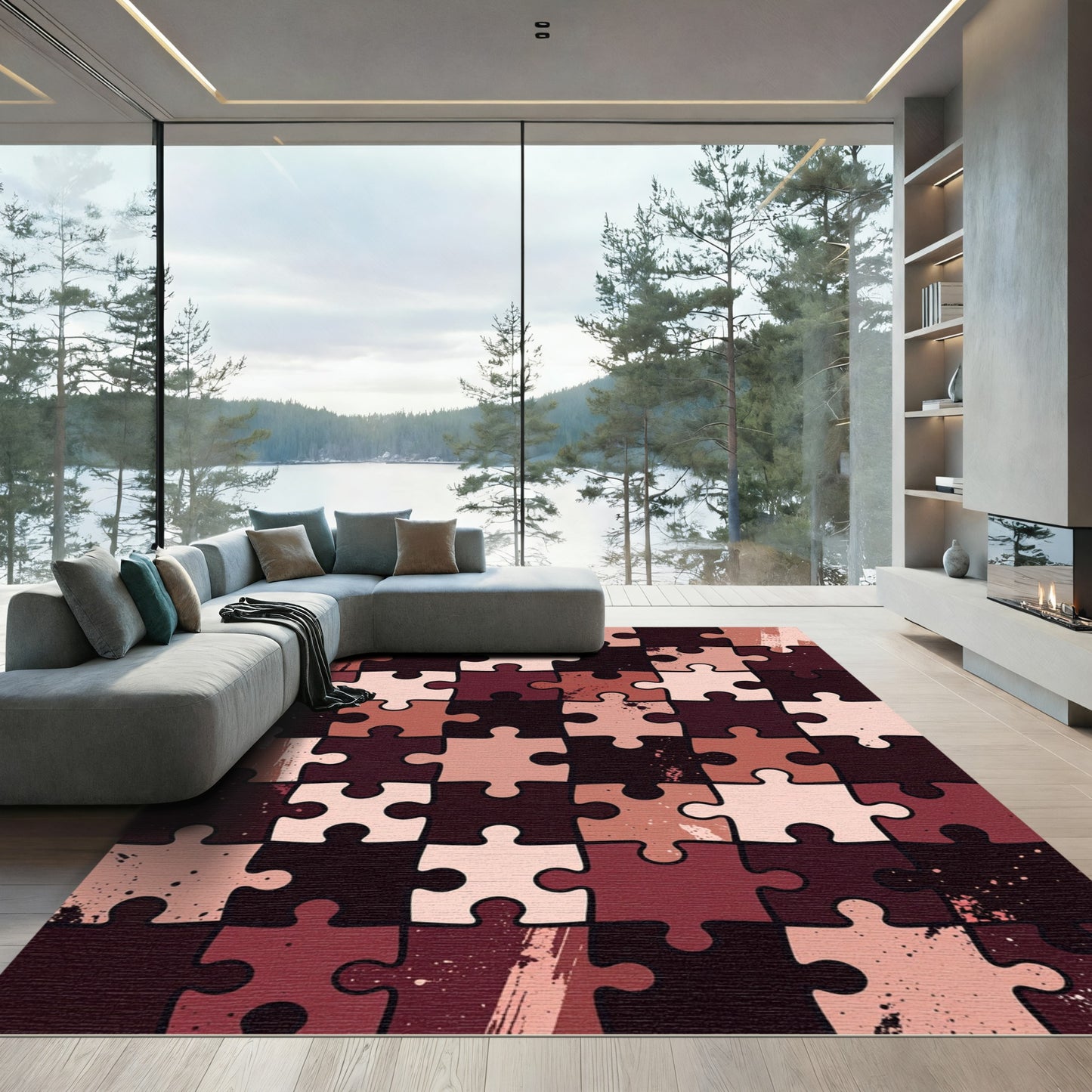 Burgundy Peach Puzzle Pieces Texture Rug