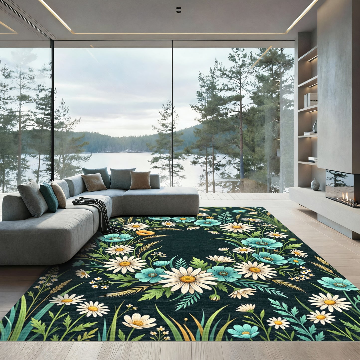 Aqua White Daisy Meadow Wreath Rug