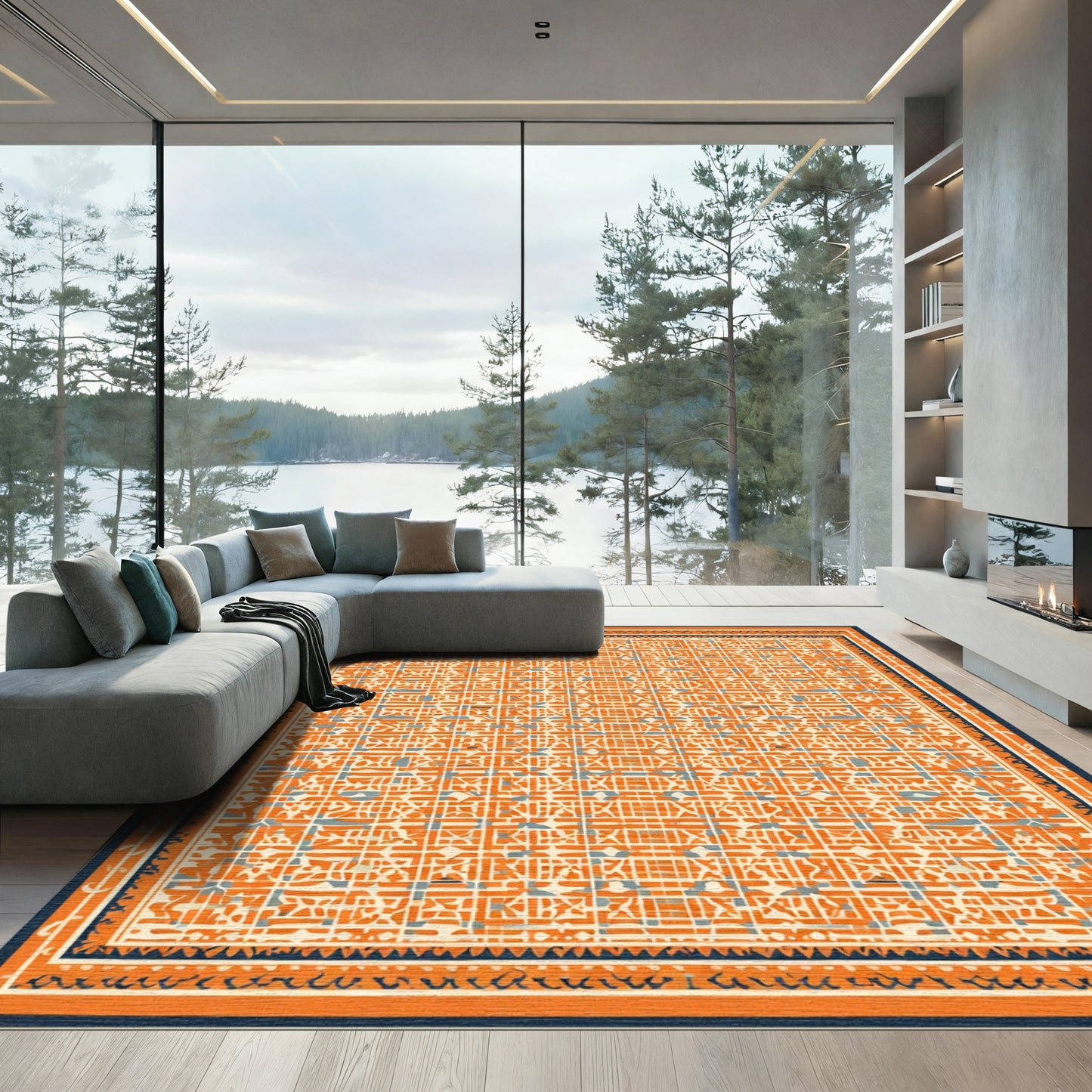 Orange Geometric Ivory Labyrinth Rug